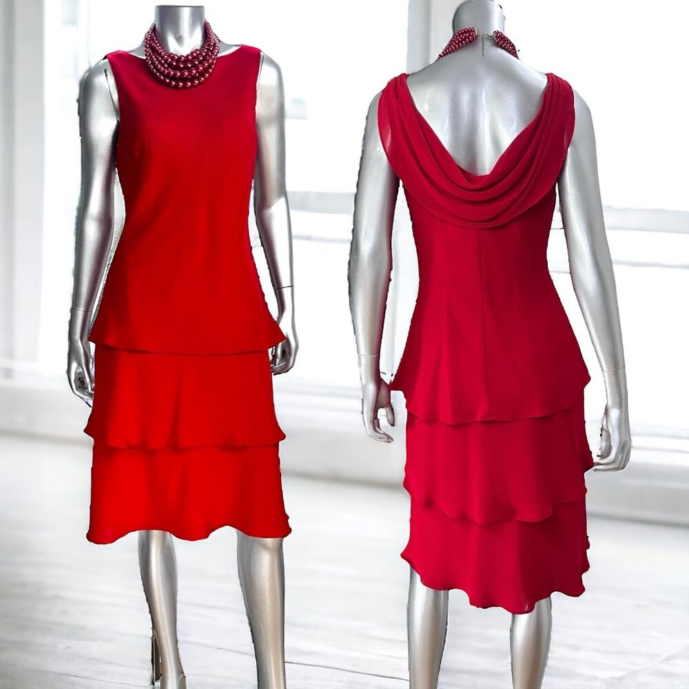 Jones Wear Red Layered Back Low Cut Draping Sleeveless Midi Dress 12